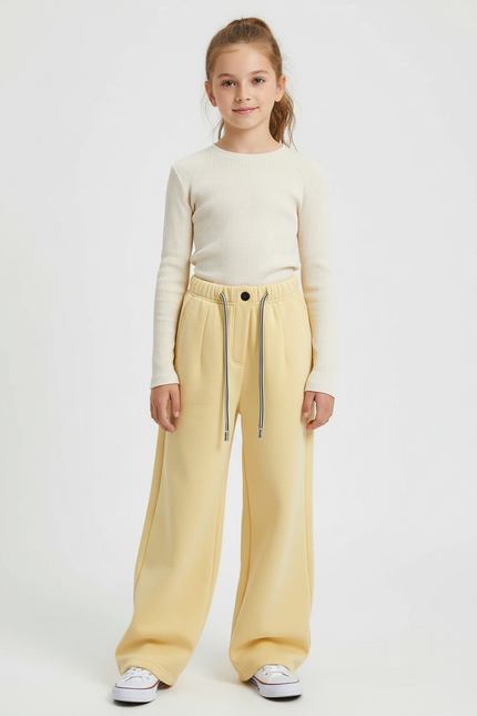 Pantalon Beige Ample Cordon Enfant Décontracté Doux - Jaune Molleton