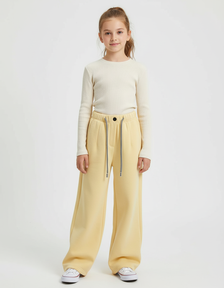 Pantalon Beige Ample Cordon Enfant Décontracté Doux - Jaune Molleton
