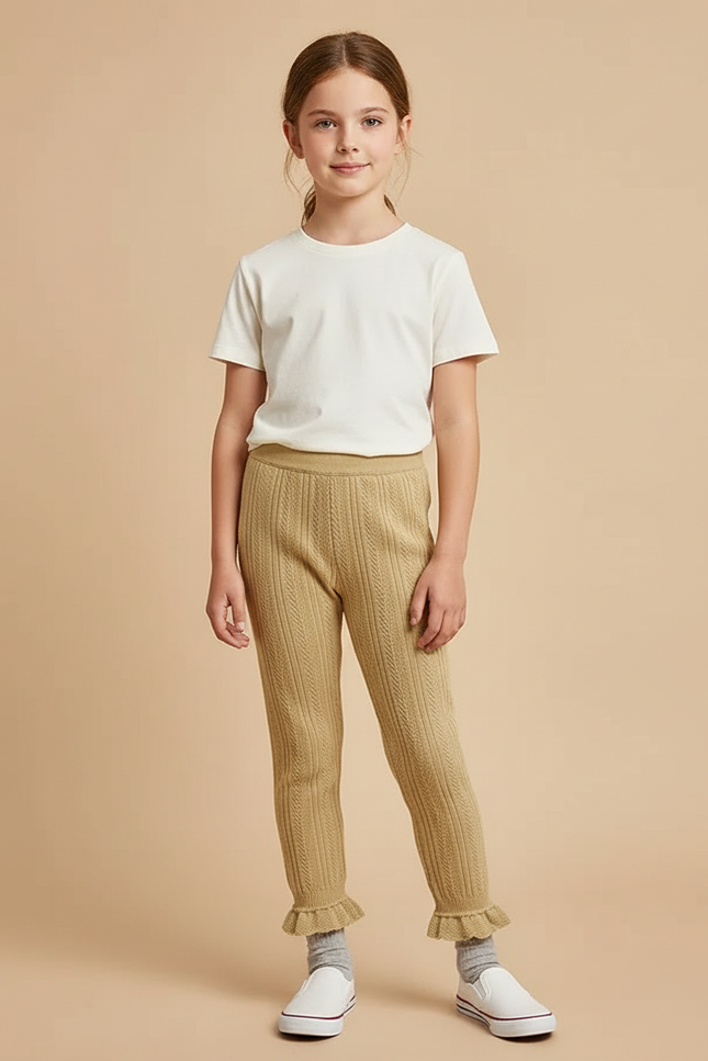 Pantalon Beige Côtelé Tricoté Volants Fille - Maille