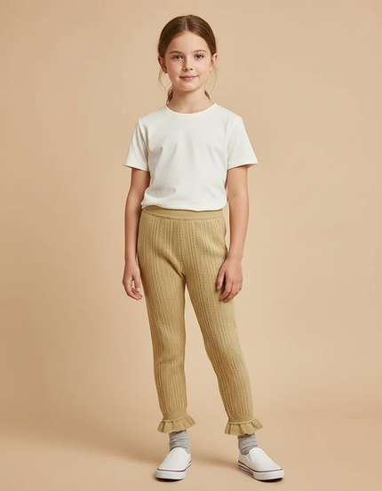 Pantalon Beige Côtelé Tricoté Volants Fille - Maille