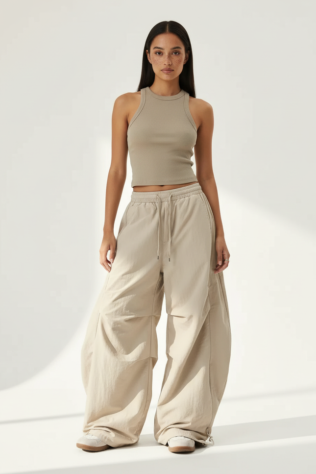 Pantalon Beige Cargo Ample Taille Basse Décontracté - Polyester