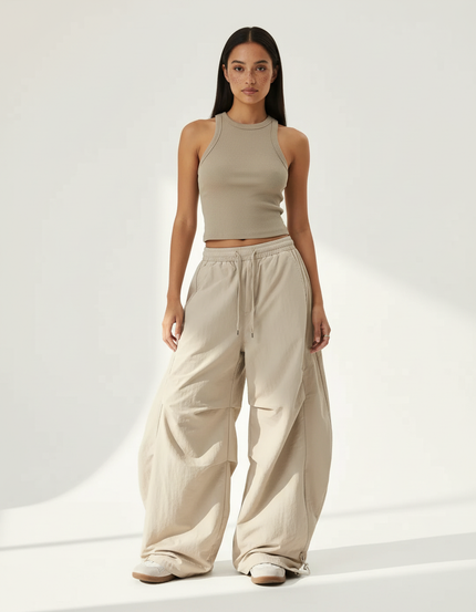 Pantalon Beige Cargo Ample Taille Basse Décontracté - Polyester