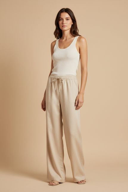 Pantalon Beige Fluide Ample Taille Élastique Décontracté - Lin