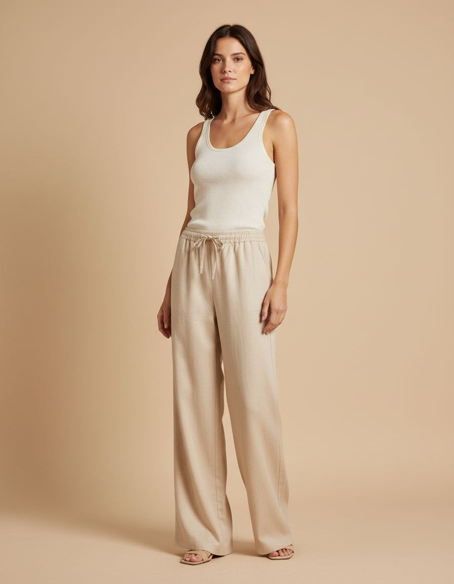 Pantalon Beige Fluide Ample Taille Élastique Décontracté - Lin