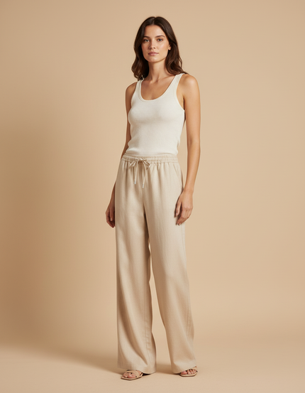 Pantalon Beige Fluide Ample Taille Élastique Décontracté - Lin