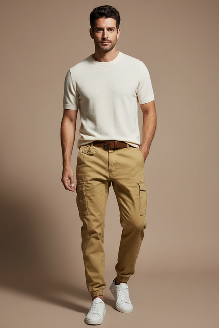 Pantalon Beige Cargo Coton Jogger Homme Tactique