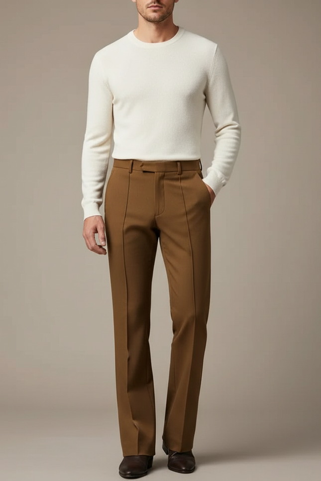 Pantalon Beige Homme Droit Élégant Plissé Décontracté - Marron Gabardine