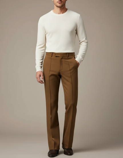 Pantalon Beige Homme Droit Élégant Plissé Décontracté - Marron Gabardine
