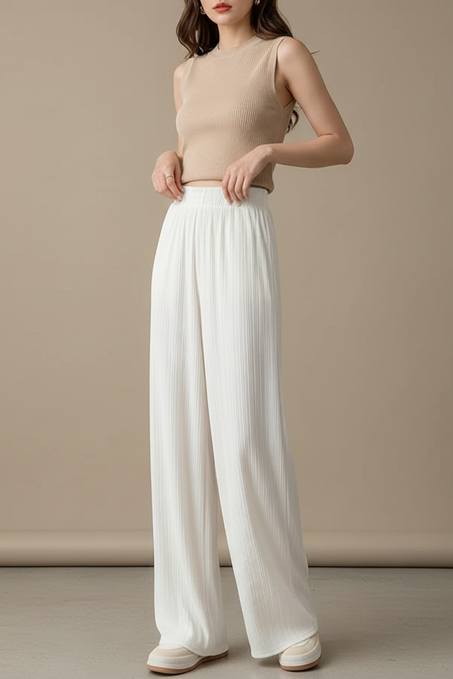 Pantalon Beige Plissé Fluide Ample Décontracté Femme - Blanc Maille