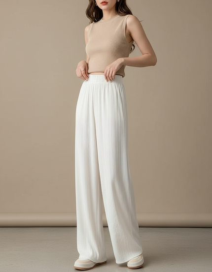 Pantalon Beige Plissé Fluide Ample Décontracté Femme - Blanc Maille