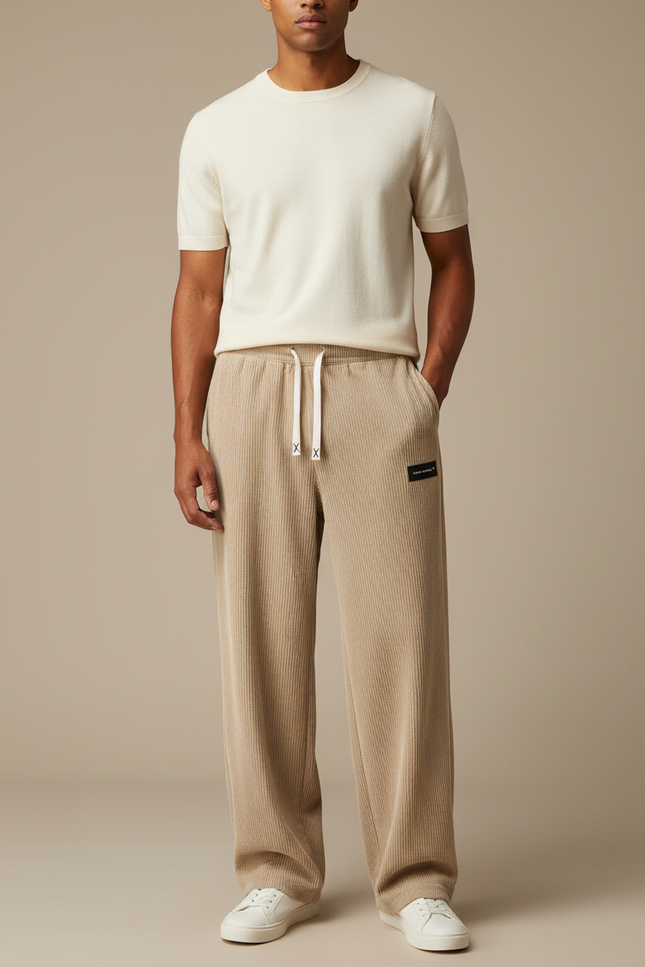 Pantalon Beige Côtelé Droit Cordon Ample Confortable - Cordé