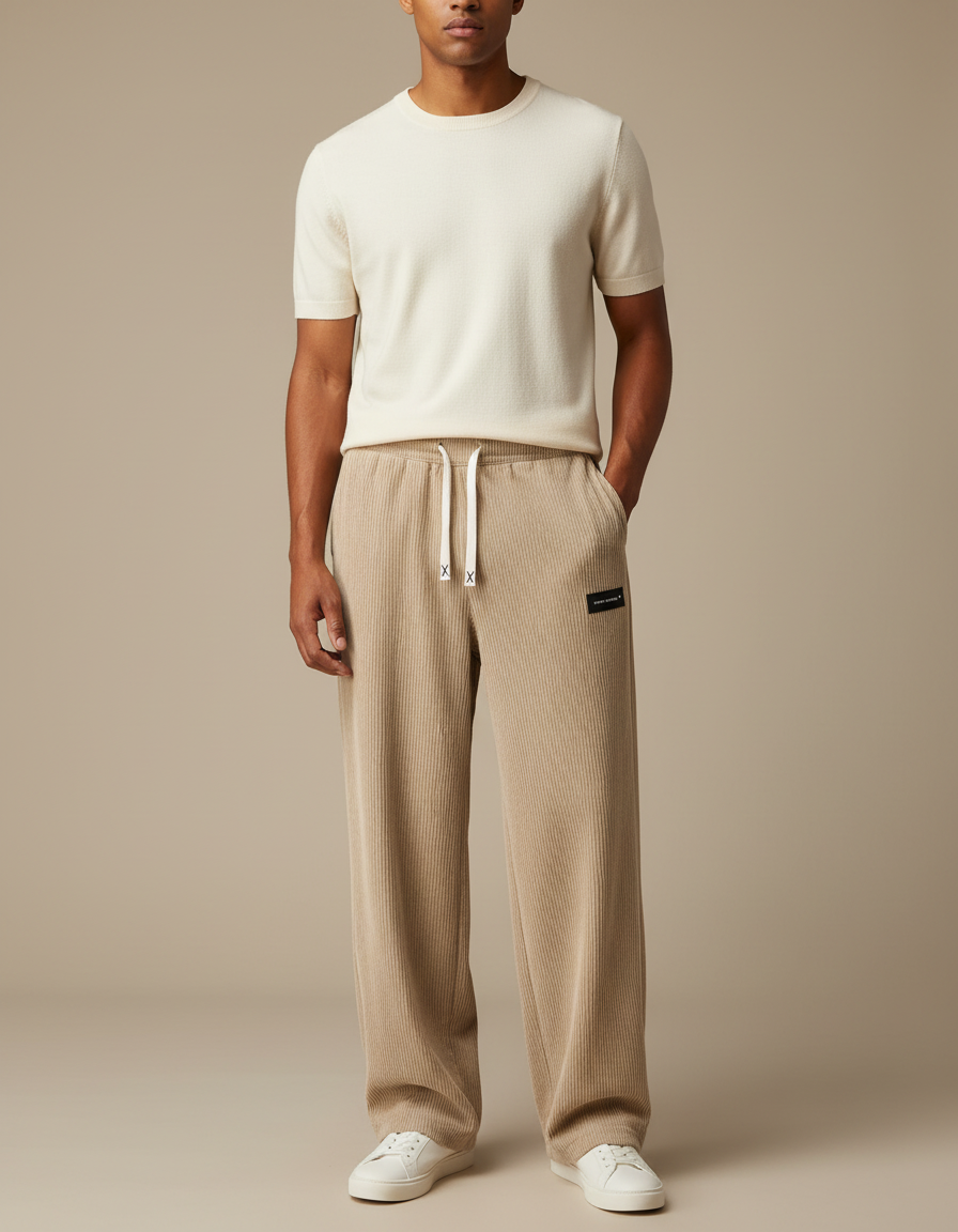 Pantalon Beige Côtelé Droit Cordon Ample Confortable - Cordé