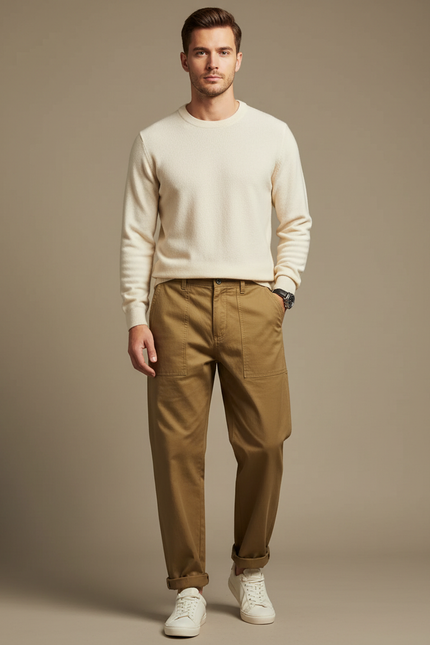 Pantalon Beige Cargo Ample Coton Décontracté Homme - Kaki Toile