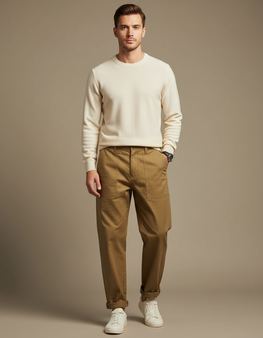 Pantalon Beige Cargo Ample Coton Décontracté Homme - Kaki Toile