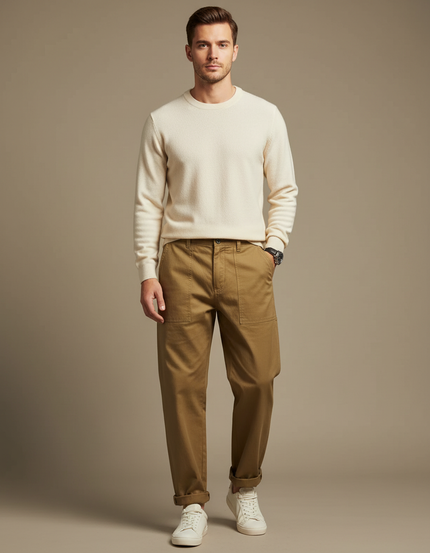 Pantalon Beige Cargo Ample Coton Décontracté Homme - Kaki Toile