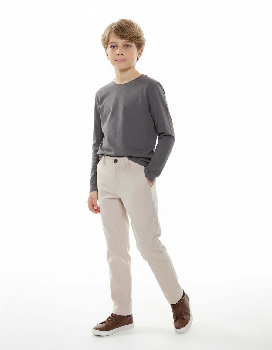 Pantalon Beige Coton Enfant Classique Décontracté Slim