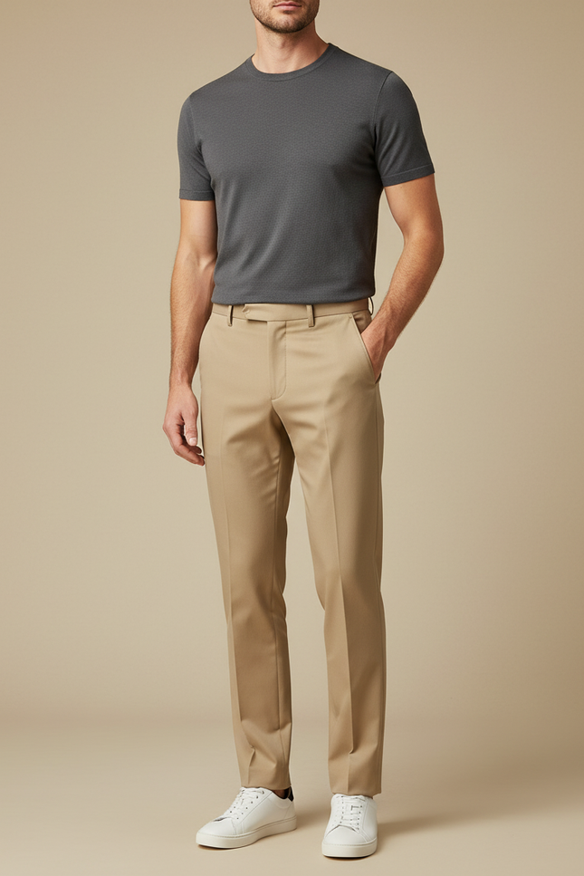 Pantalon Beige Homme Droit Élégant Décontracté Coton - Gabardine