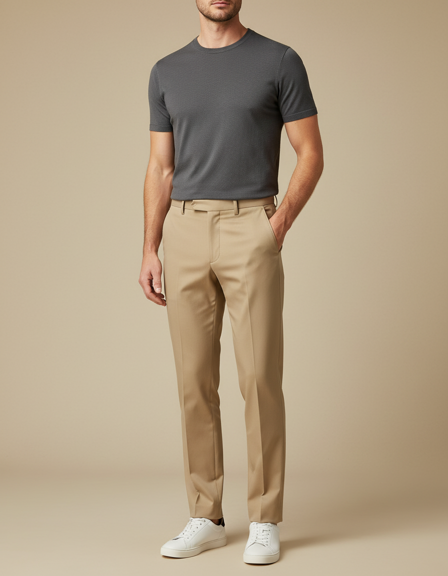 Pantalon Beige Homme Droit Élégant Décontracté Coton - Gabardine