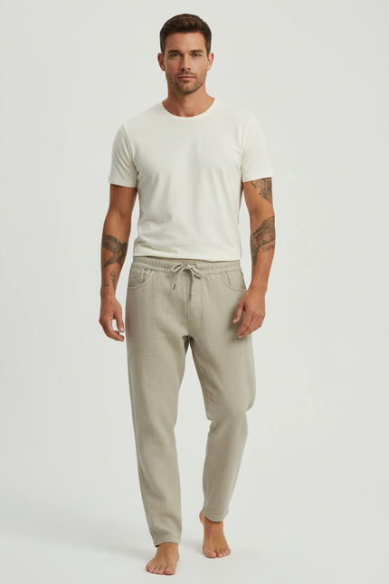 Pantalon Beige Lin Coton Ample Décontracté Homme Cordon