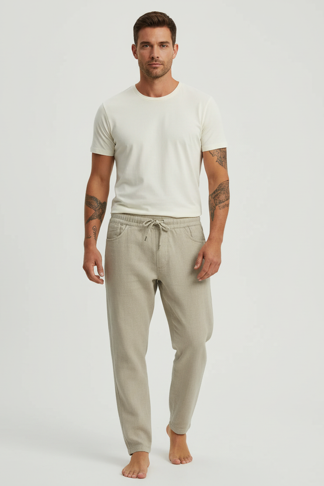 Pantalon Beige Lin Coton Ample Décontracté Homme Cordon