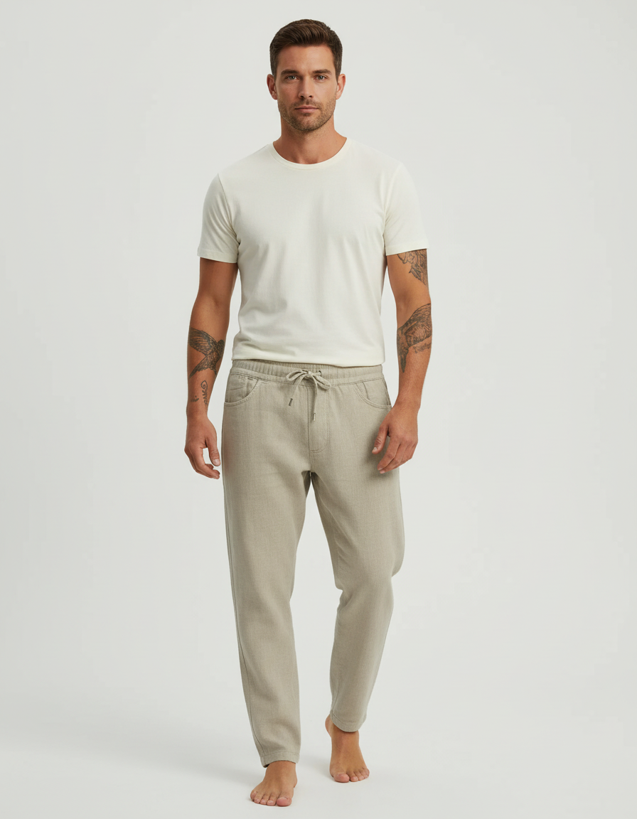 Pantalon Beige Lin Coton Ample Décontracté Homme Cordon