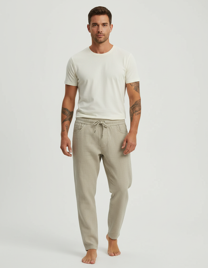Pantalon Beige Lin Coton Ample Décontracté Homme Cordon