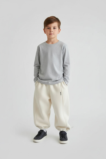 Pantalon Beige Ample Molletonné Surpiqûres Enfant Garçon