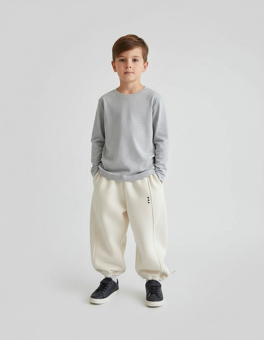 Pantalon Beige Ample Molletonné Surpiqûres Enfant Garçon