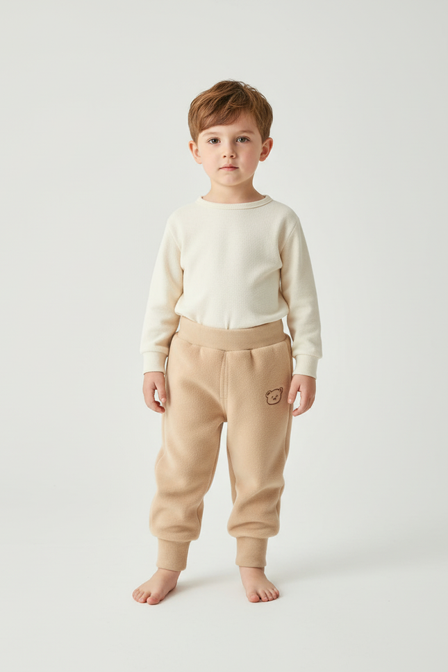 Pantalon Beige Polaire Enfant Chaud Brodé Hiver - Molleton