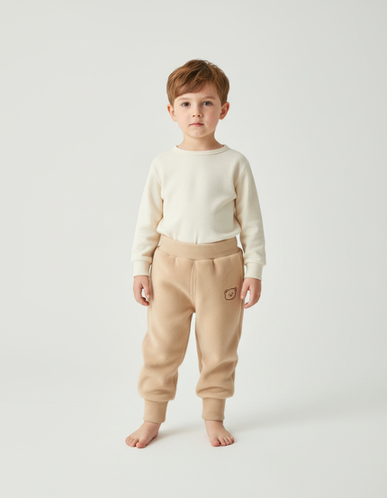 Pantalon Beige Polaire Enfant Chaud Brodé Hiver - Molleton