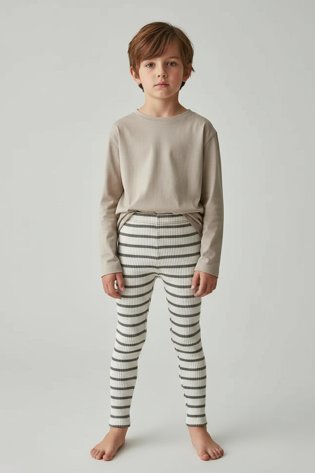Pantalon Beige Enfant Côtelé Rayé Élastique Coton