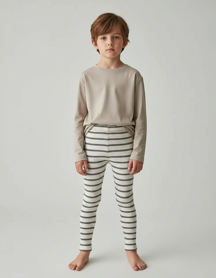 Pantalon Beige Enfant Côtelé Rayé Élastique Coton