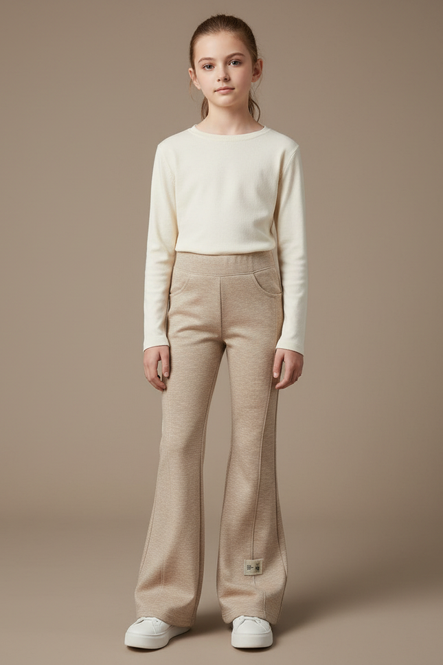 Pantalon Beige Évasé Fille Extensible Décontracté Élégant - Molleton