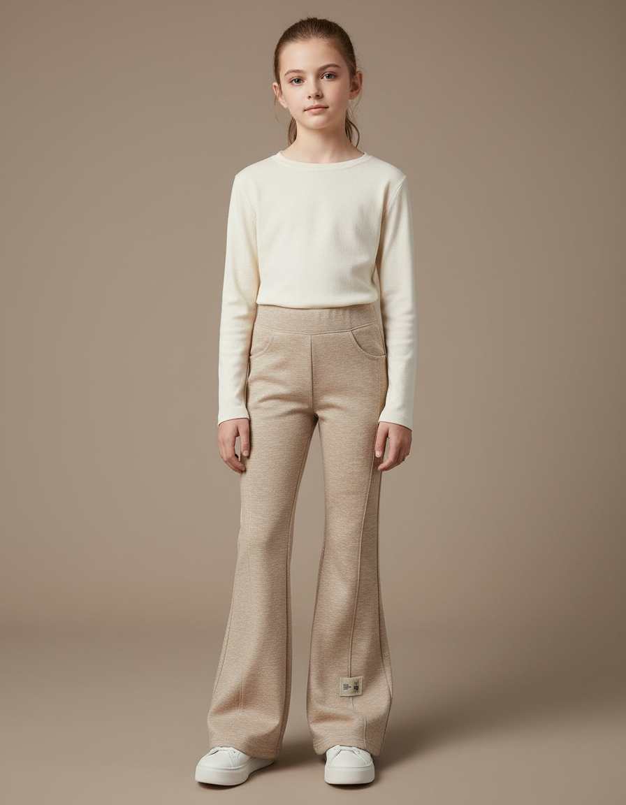 Pantalon Beige Évasé Fille Extensible Décontracté Élégant - Molleton