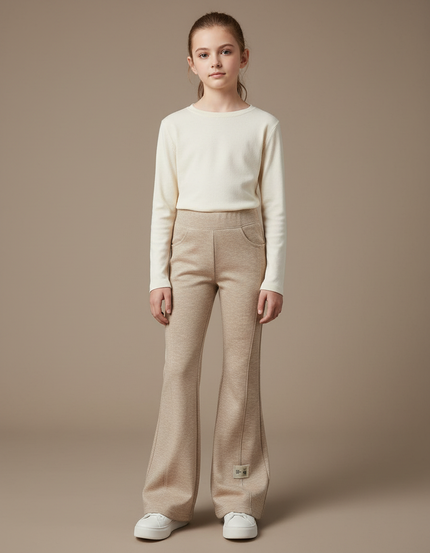 Pantalon Beige Évasé Fille Extensible Décontracté Élégant - Molleton