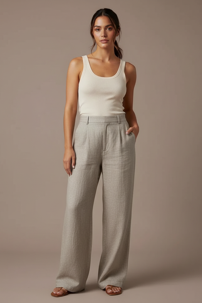 Pantalon Beige Large Fluide Lin Élégant Femme - Gris