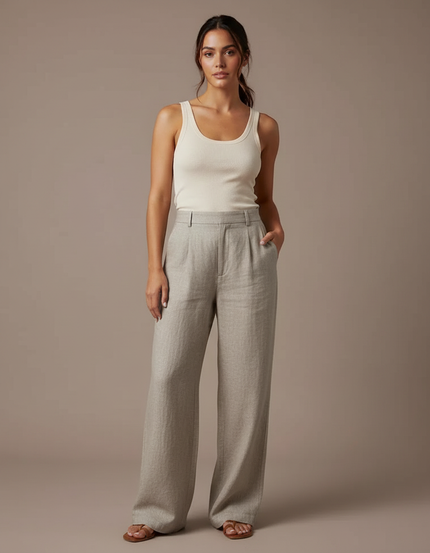 Pantalon Beige Large Fluide Lin Élégant Femme - Gris