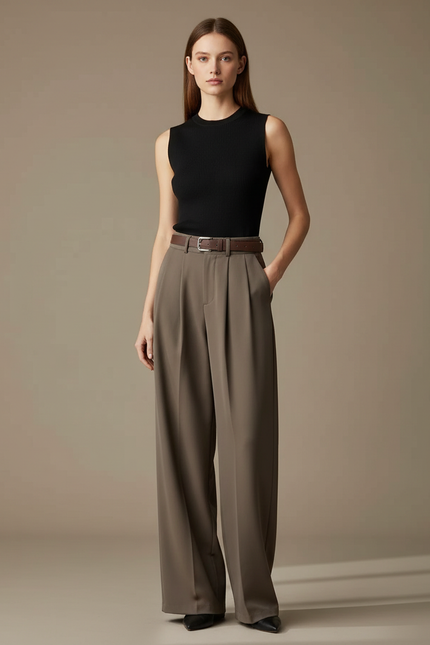 Pantalon Beige Fluide Ample Taille Haute Élégant - Kaki Polyester