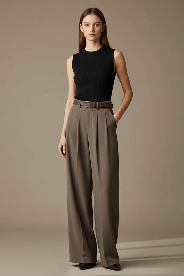 Pantalon Beige Fluide Ample Taille Haute Élégant - Kaki Polyester