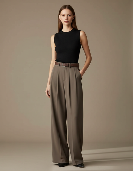 Pantalon Beige Fluide Ample Taille Haute Élégant - Kaki Polyester