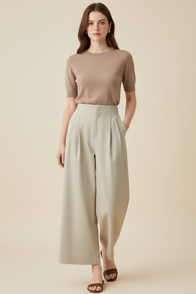 Pantalon Beige Ample Plissé Taille Haute Fluide - Kaki Viscose