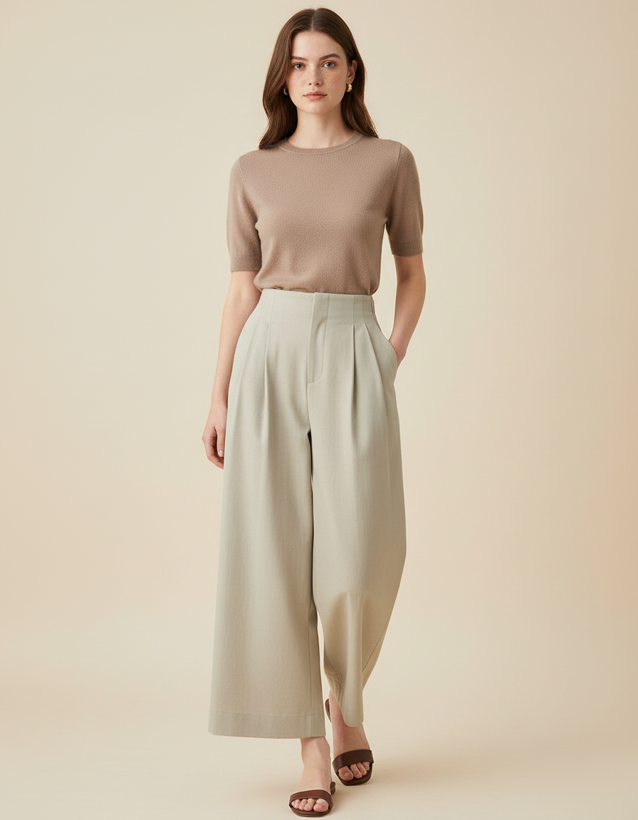 Pantalon Beige Ample Plissé Taille Haute Fluide - Kaki Viscose