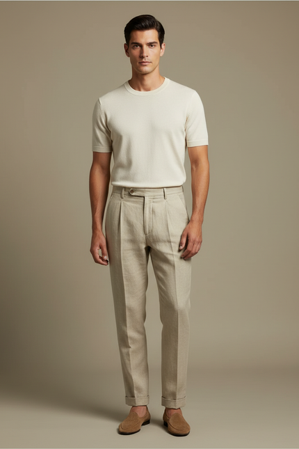 Pantalon Beige Droit Plissé Lin Homme Élégant Léger