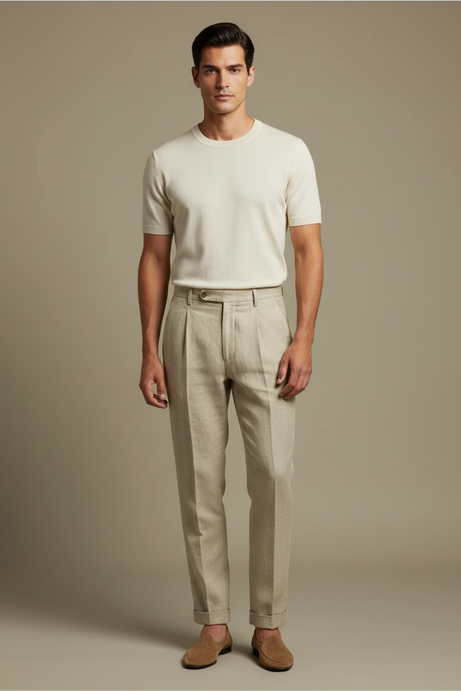 Pantalon Beige Droit Plissé Lin Homme Élégant Léger