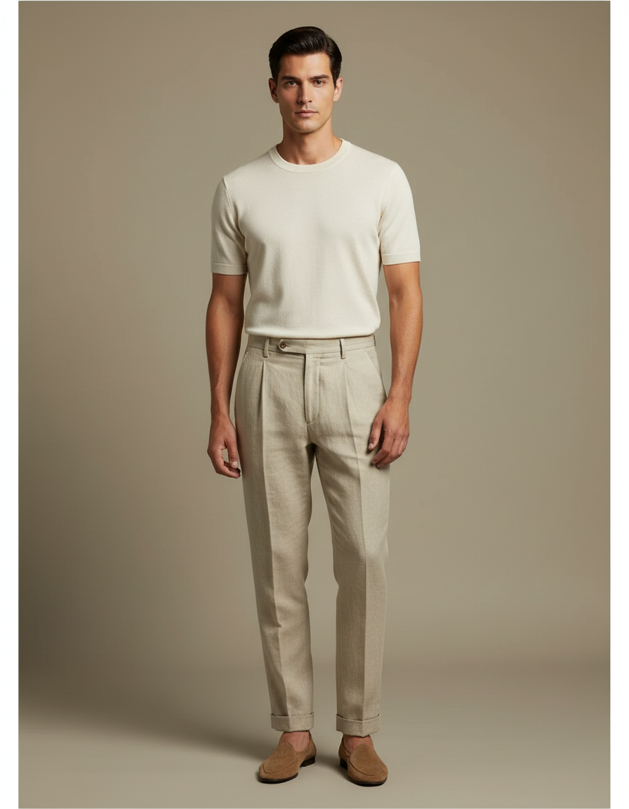 Pantalon Beige Droit Plissé Lin Homme Élégant Léger