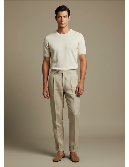 Pantalon Beige Droit Plissé Lin Homme Élégant Léger