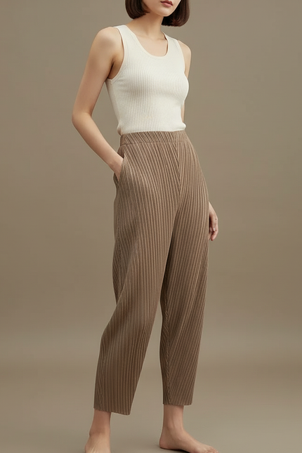 Pantalon Beige Plissé Ample Fluide Décontracté Femme - Polyester