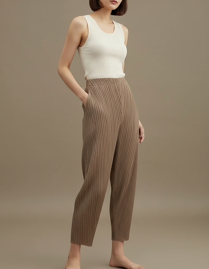 Pantalon Beige Plissé Ample Fluide Décontracté Femme - Polyester