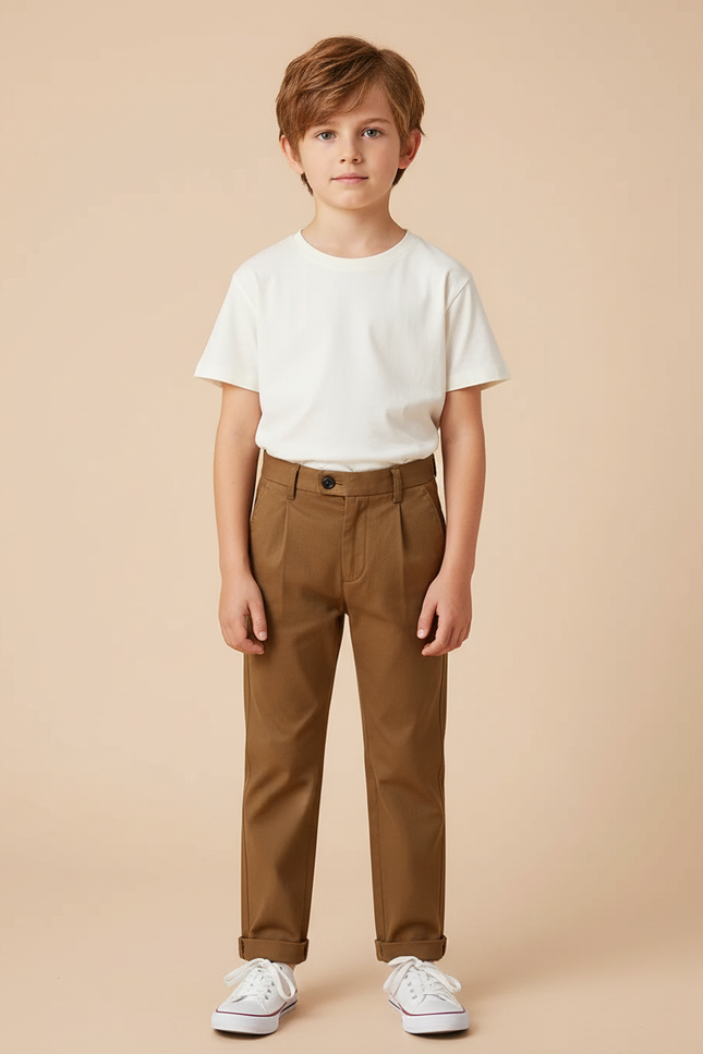 Pantalon Beige Droit Coton Garçon Élégant Pli - Marron