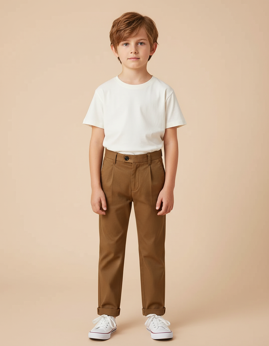 Pantalon Beige Droit Coton Garçon Élégant Pli - Marron